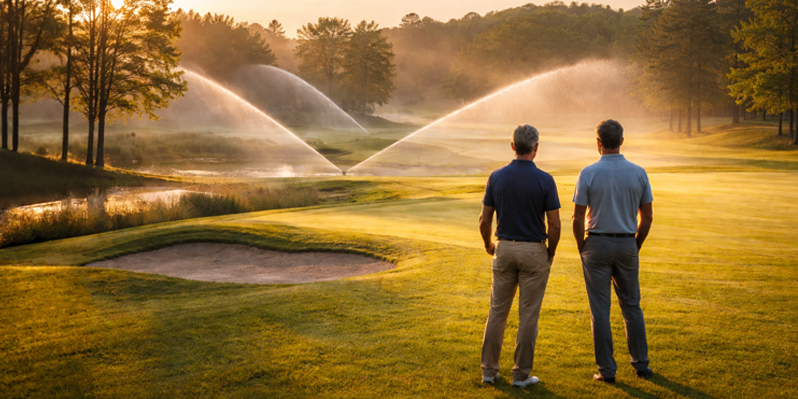 Zwei Männer stehen bei Sonnenaufgang auf einem Golfplatz und sehen der Bewässerungsanlage beim Sprengen zu.