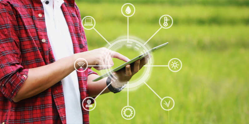 Mann ruft via Tablet PC Informationen zur Beregnungsanlage ab